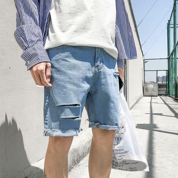

summer new short jeans men fashion straight casual tear hole denim five pants man streetwear trend wild hip hop loose shorts1, Blue