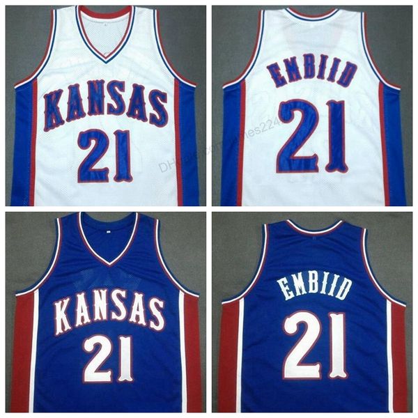 

custom retro joel embiid #21 kansas jayhawks basketball jersey men's all stitched white blue any size 2xs-5xl name or number, Black;red