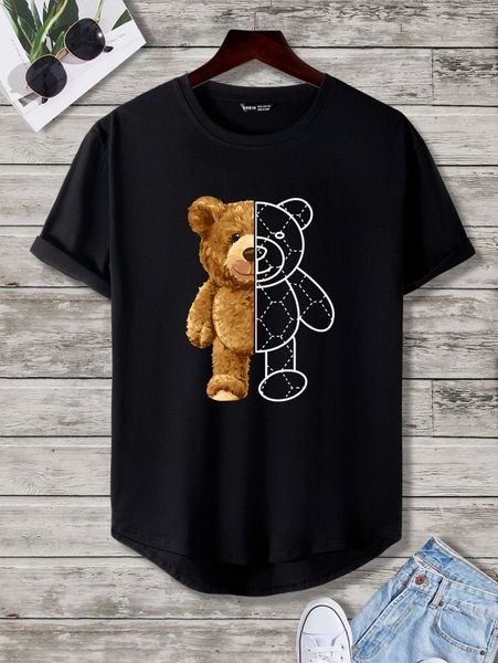 

men bear print high low hem tee 60os#, White;black