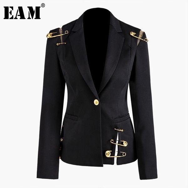 

[eam] loose fit black hollow out pin spliced jacket new lapel long sleeve women coat fashion tide spring autumn jz500 201027, Black;brown