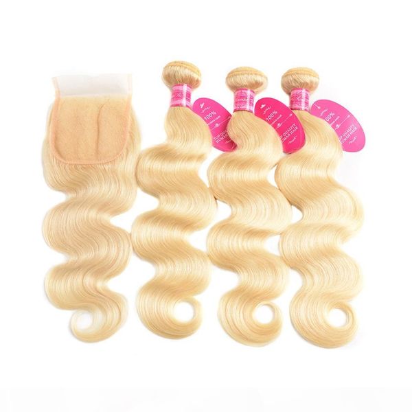 

raw brazilian virgin hair 613 blonde 3 bundles with lace closure straight body wave colored ombre human hair bundles with closures, Black