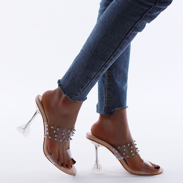 

fashion rivets summer sandals open toed high heels women transparent crystal heel sandals slippers .5cm big size 41, Black