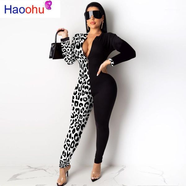 

women's jumpsuits & rompers leopard splice long sleeve bodycon jumpsuit women fall fashion rumper costumes one piece outfits elegant ro, Black;white