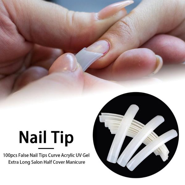 

false nails 100pcs curve art half cover salon nail tips acrylic uv gel natural display manicure accessories french style extra long, Red;gold