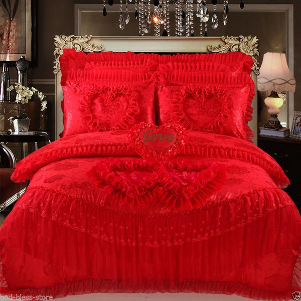 

bedding set 4pcs wedding jacquard satin lace duvet cover cotton bed sheet pillow