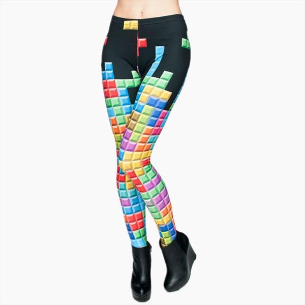 

fashion brand tetris 3d graphic full printing punk women fitness legging stretchy trousers casual pants leggings, Black