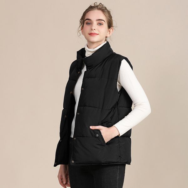 

womens sleeveless wadded jacket autumn winter mandarin collar down cotton padded vest women female slim fit waistcoat outwear, Black;white
