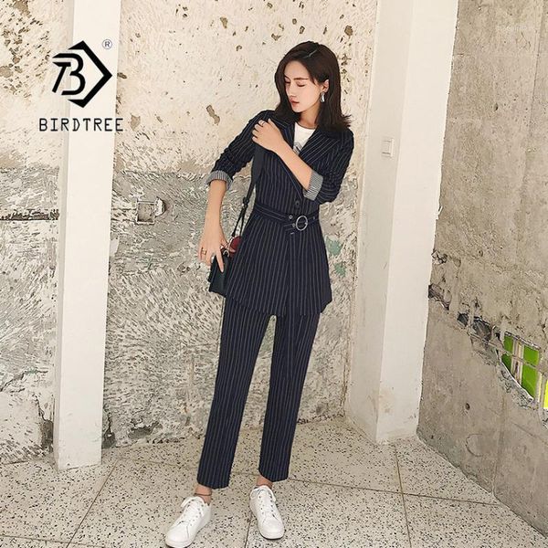 

2020 autumn new women's blazer pants suit striped full sleeve sashes button design business fashion elegant s96028d1, White