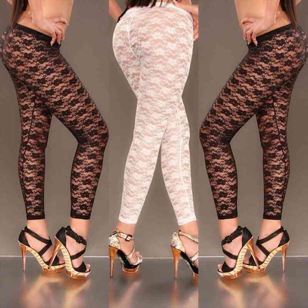 

hirigin women floral print stylish skinny lace hollow leggings see through pants elastic bodycon jeggings black white