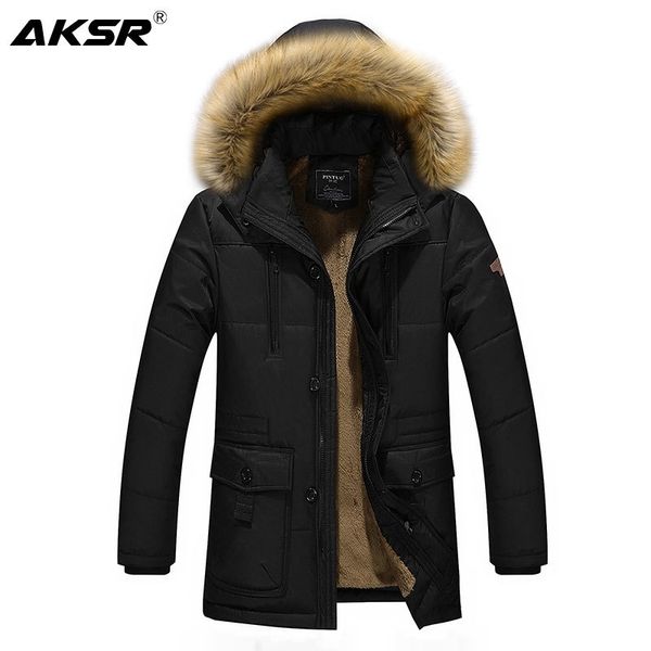 

aksr men's winter jacket coat thick fleece warm winter coat men fur hooded collar large size parka windbreaker casaco masculino 201027, Black