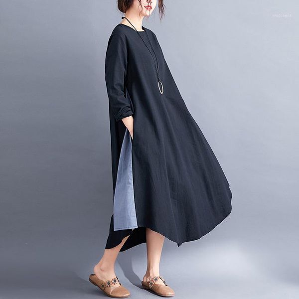 

loose cotton linen plus size womens dress 2020 autumn winter two color patchwork long dresses o-neck long sleeve female clothing1, Black;gray