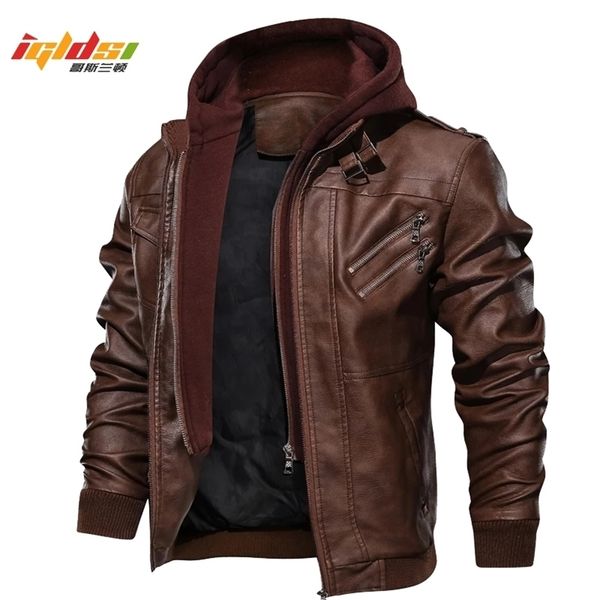 

men's autumn winter motorcycle leather jacket windbreaker hooded jackets male outwear warm baseball jackets plus size 3xl 201114, Black