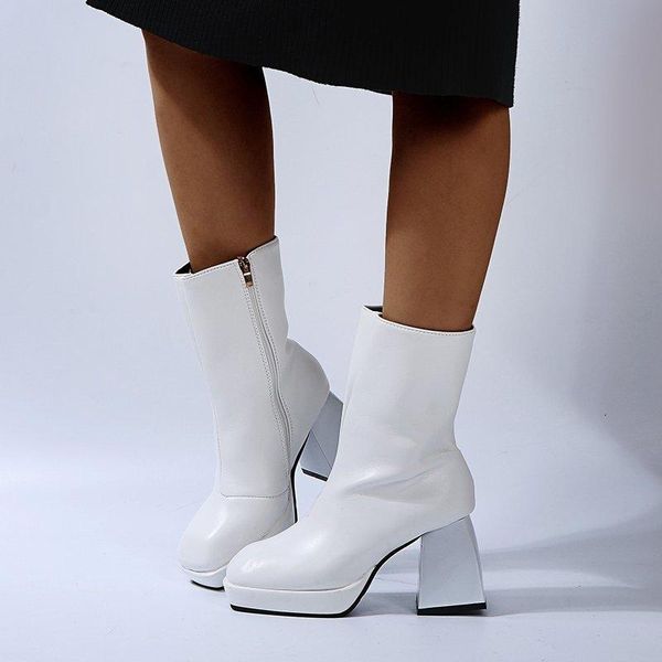 

2021 fashion new platform women mid-calf boots side zipper elegant thick heels pumps wedding office lady shoes woman botas mujer, Black