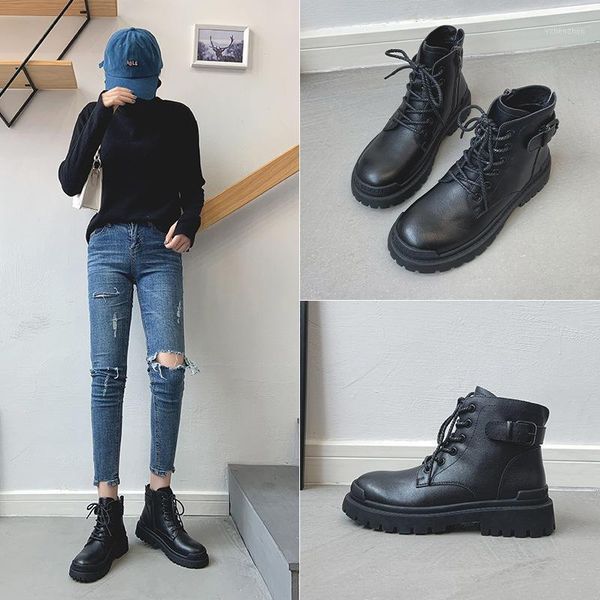 

boots women's leather autumn winter 2021 thick heel casual short korean version net red round head lace up1, Black