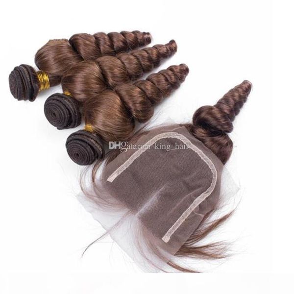 

chocolate brown #4 loose wave hair bundles with lace closure 4x4 loose curly hair weft extensions with closure part, Black