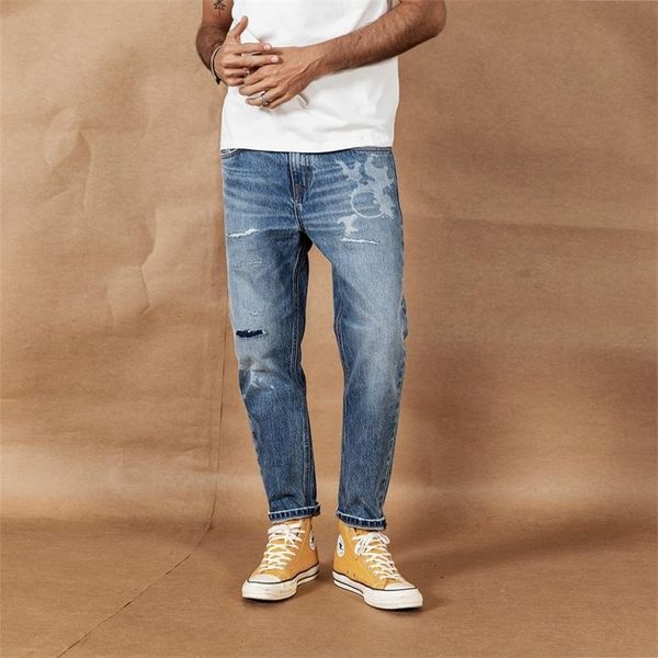 

simwood spring summer new ripped jeans men laser printing ankle-length jeans loose tapered hole denim trousers 190392 201111, Blue