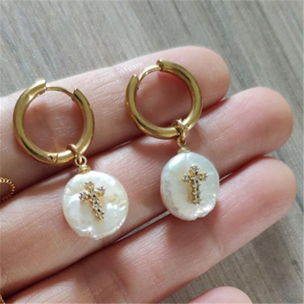 

Tiny Gold White CZ Paved Religious Cross Charm Natural Freshwater Pearl Bead Pendant Stainless Steel Women Hoop Earring For Gift, Golden;silver