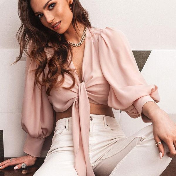 

spring summer womens shirts fashion lantern sleeve lace up bandage short shirts ladies casual banded solid color, White