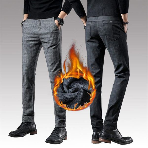 

2020 winter mens stretch pants thick warm fleece dress pants business plaid black grey trousers casual male size 38,638a