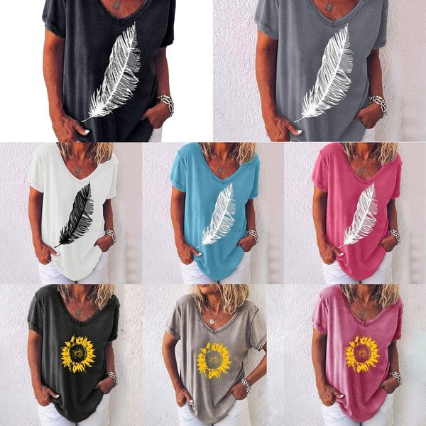 

ljxri печататься новый лист с коротким рукавом v-образным вырезом печатных женщин 2020 новый v-образный вырез cmihc футболка лист 2020 женск, White