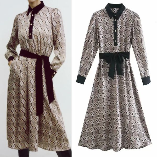 

2021 new vintage printed shirt women fashion contrast tied belt long sleeve midi dress woman button retro elegant dresses j2ai, Black;gray