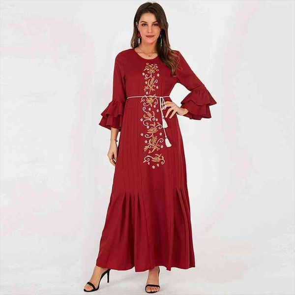 

summer womens fashion solid color round neck flower embroidery ethnic wind waist belt long flared sleeve red dress, Black;gray
