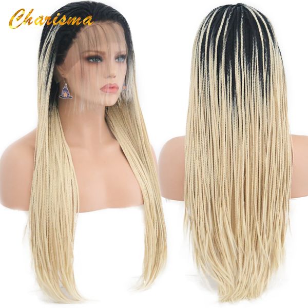 

charisma ombre blonde wigs high temperature fiber hair long box braids braided wig synthetic lace front wig for black women, Black;brown