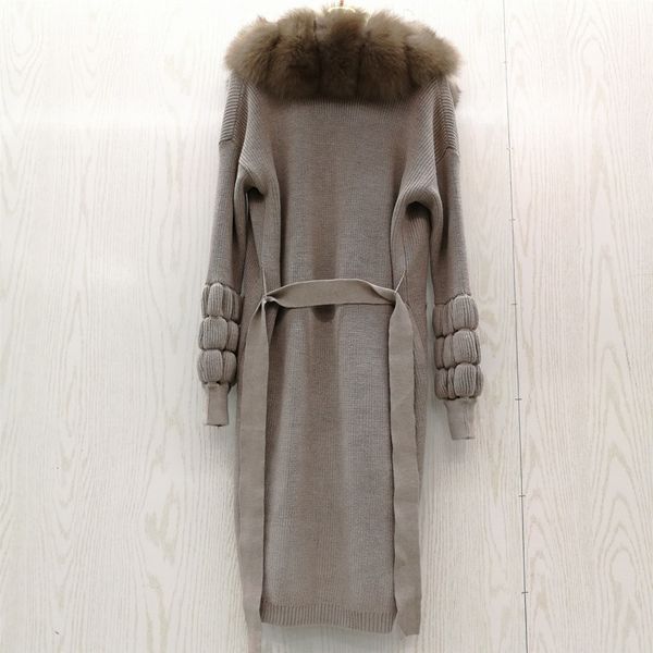 

real natural fox fur coat sweater cardigan women's genuine wool knitting with fox collar long warm winter autumn outerwear lj201204, Black