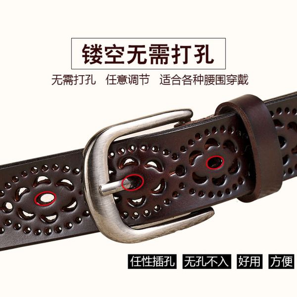 

women's leather belt casual versatile hollow belt women's fine decoration simple fashion pin buckle belt pure leather, Black;brown