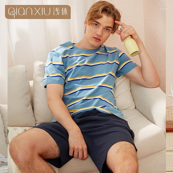 

men's sleepwear summer cotton short sleeved men's pajamas sets male o-neck pyjamas men stripe pajama for casual suit homewear1, Black;brown