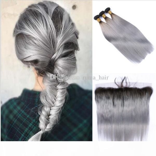 

lace frontal closure with bundles straight #1b grey ombre brazilian hair with closure 13*4 human hair bundles with lace frontal, Black;brown