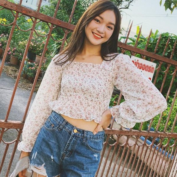 

women's blouses & shirts floral print square collar chiffon spring autumn sweet long sleeves short, White