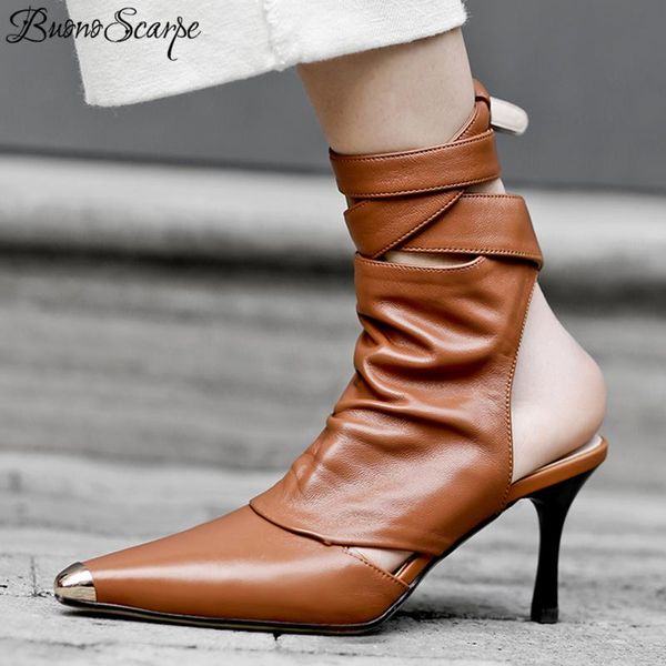 

metal toe genuine leather party boots motorcycle summer night club pumps shoes leather laces women kitten heels shoes 2020, Black