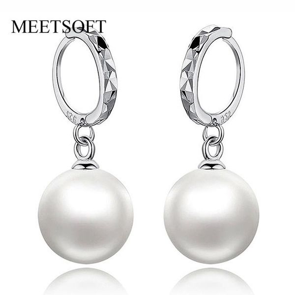 

meetsoft 925 silver prevent allergy hoop earrings for women trendy design white circle pearl jewelry gift, Golden;silver