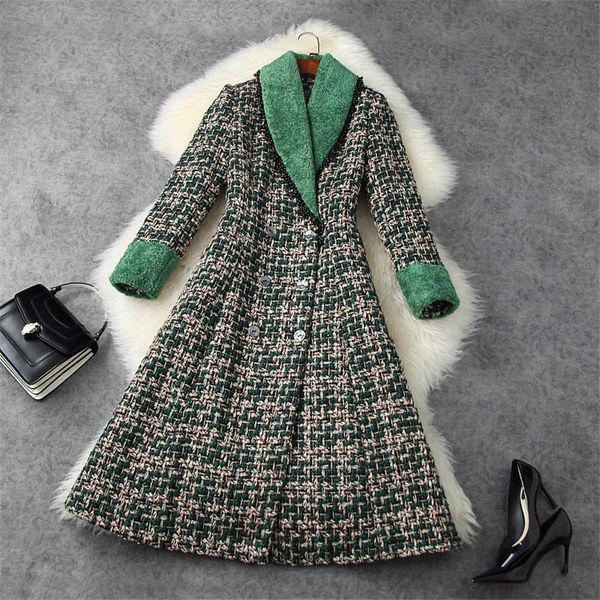 

runway luxury beading vintage aline tweed woolen jackets and coats winter women thick warm overcoat long outewear, Black
