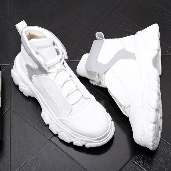 

autumn fashion men's sneakers white leather high hip hop platform casual shoes boots zapatillas hombre, Black