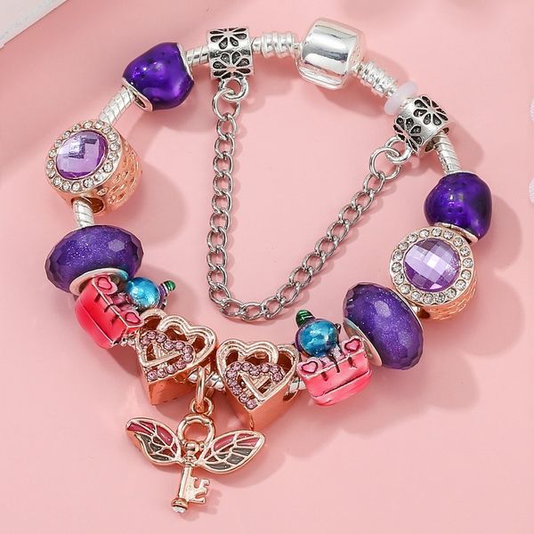 

925 sterling silver charm bead fit european pandora bracelets for women diy purple enamel unicorn wing heart crystal charm beads snake chain, Golden;silver