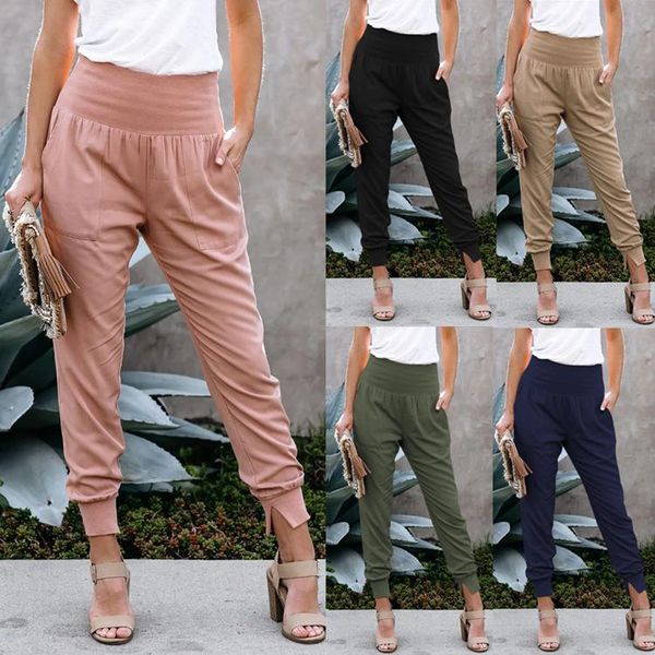

solid color women's high waisted capris with split hem pants autumn and winter high waist trousers women, Black;white
