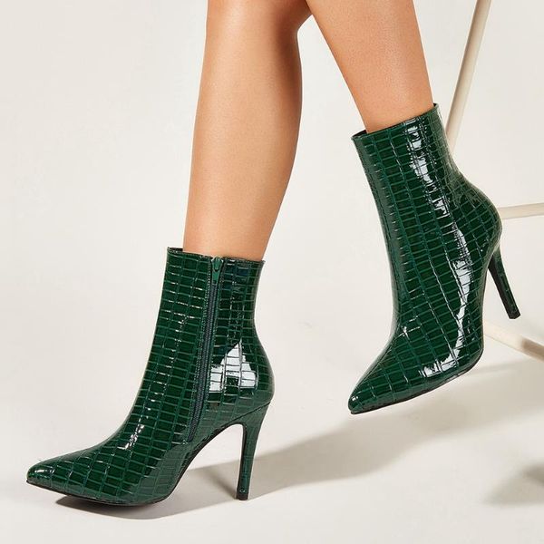 

ribetrini new green thin high heels pointed toe chic winter boots boots women office lady party ankle female, Black