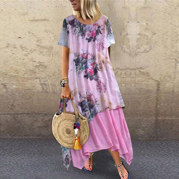 

feitong women vintage floral print long dress ladies casual o-neck short sleeve patch asymmetrical beach dress robe longue femme y200805, Black;pink