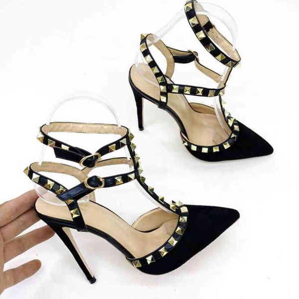 

v rivet sandals summer fashion black suede with gold spiked stileto heel lace up high heels pointed t-belt women's party shoes