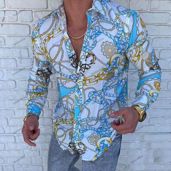 Camisas gráficas para homens na moda Autumn Lapel Impressão 3D Blusas Hip Hop Camisa Casual Fit Magro Juventude Longa Manga Havaiana Blusa Streetwear Camisas Mens Camisas