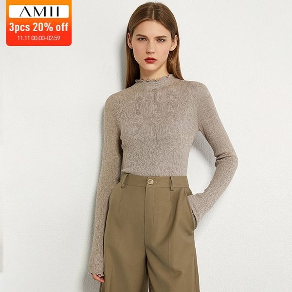 

amii minimalism autumn fashion women sweater solid pleated slim fit turtleneck sweater female pullover 12060102 201111, White;black