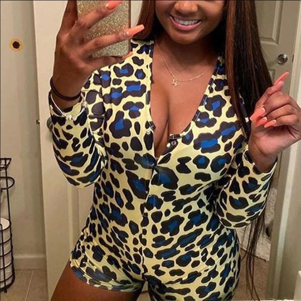 

new women 7 colors deep v-neck leopard print bodycon sleepwear jumpsuit shorts romper bodysuit leotard long sleeve buttons, Black;white
