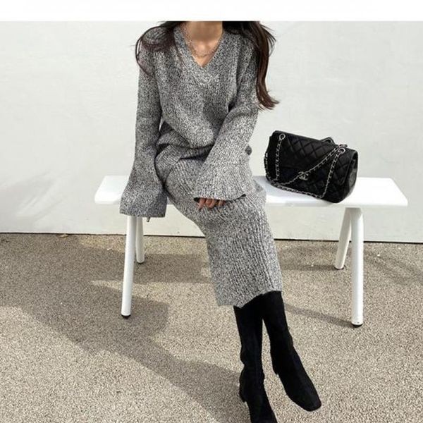 

genayooa office ladies winter knitted women two piece set long sleeve warm elegant two piece set and skirt korean fashion1, Gray