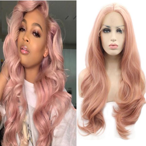 

pink colored body wave lace front synthetic wig forblack women with baby hair preplucked heat temperature cosplay wig, Black;brown