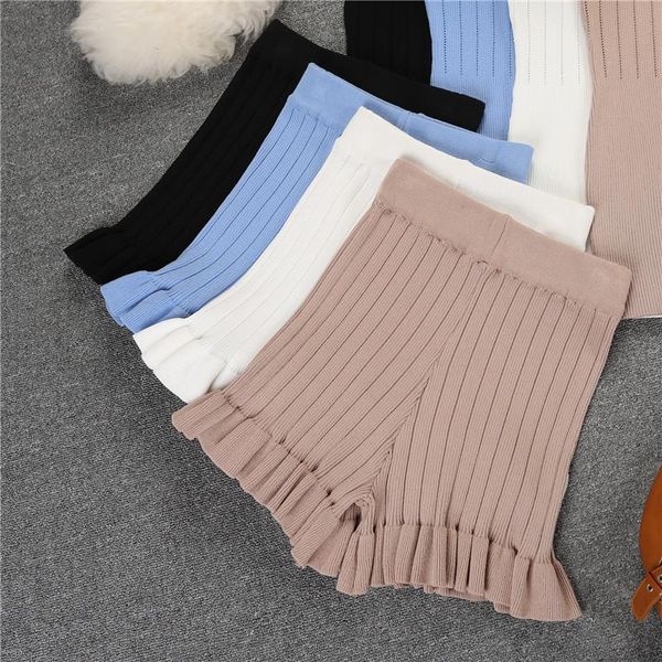 

women summer knit shorts trousers england style ruffles bottom woman solid knitted short pants-c, White;black