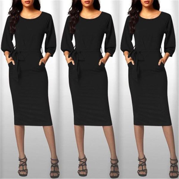 

designer long sleeve round neck solid color dresses fashion trend new female casual slim dress women bandage pencil skirt, Black;gray