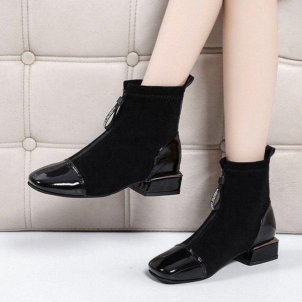 

2020 autumn women ankle boots casual zipper square heelshiny leather fashion motorcycle boots platform female short, Black