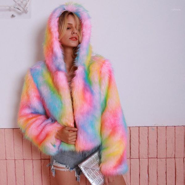

new faux fur women's coat 2019 autumn winter rainbow color fluffy fuzzy warm hoodies shaggy fur jacket outerwear female overcoat1, Black